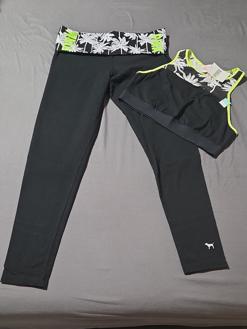 PINK Victoria's Secret Black Leggings and Sports Bra Set with Neon Trim